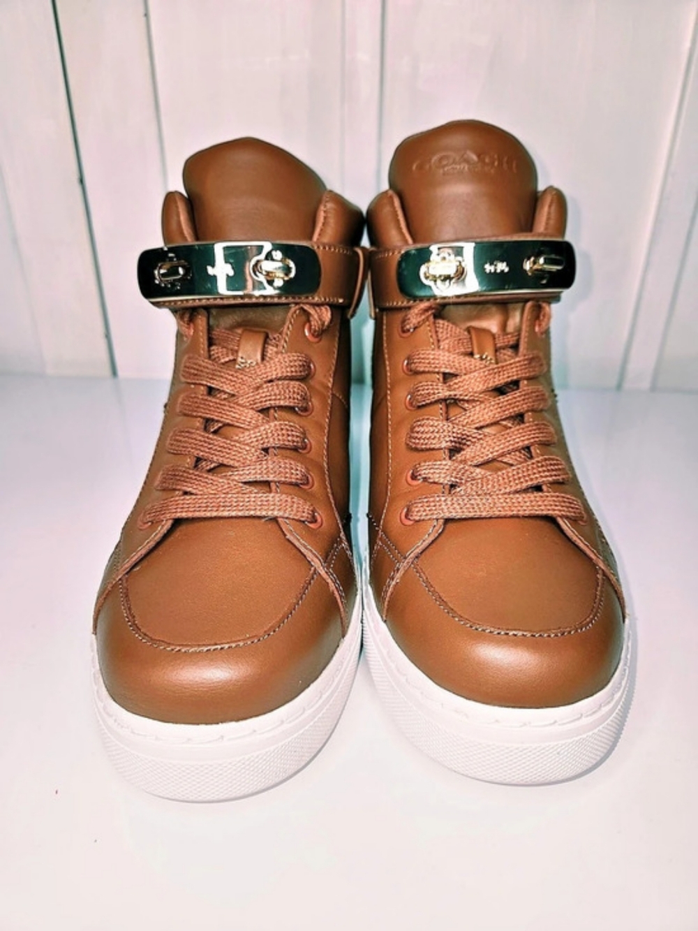 Coach Richmond Soft Nappa High-Top Sneakers Brown & White US 7.5 M